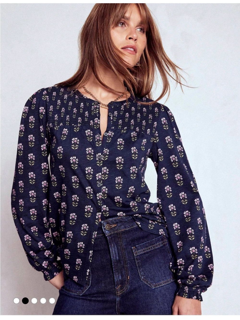 Boden Blue Elsa Smocked Yoke Jersey Blouse